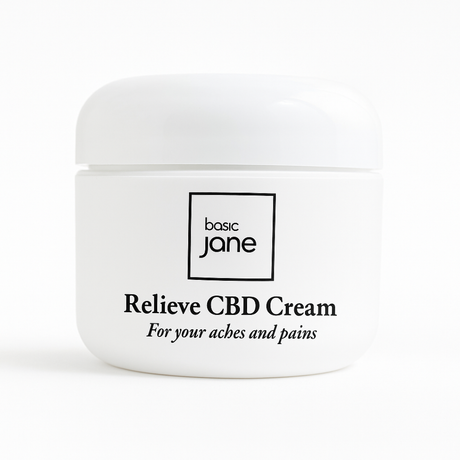 Natural Pain Relief Products. Basic Jane Relive Cream jar pictured on a white background