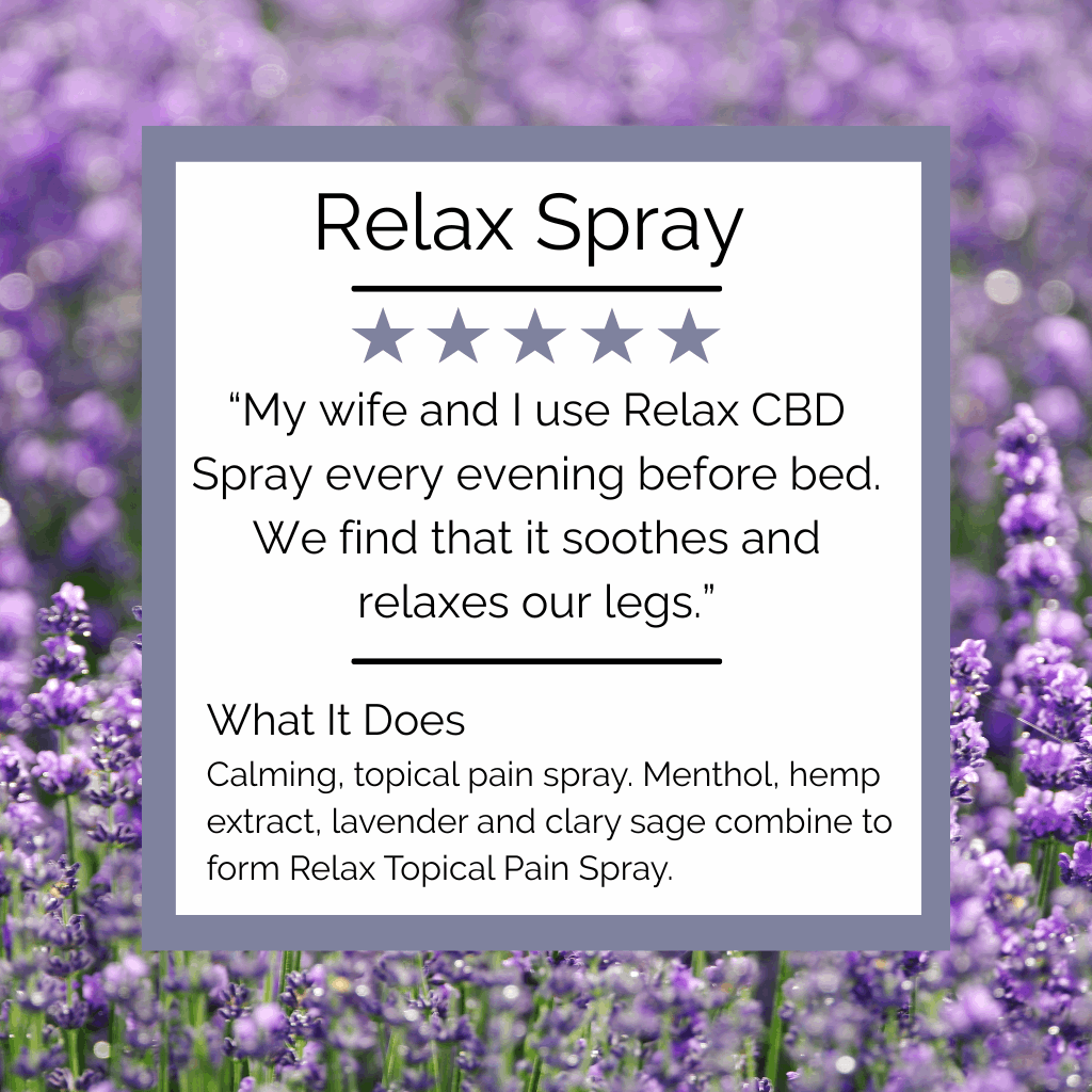Relax CBD Spray light spray that relieves aches and pains quickly with lavender, CBD, menthol
